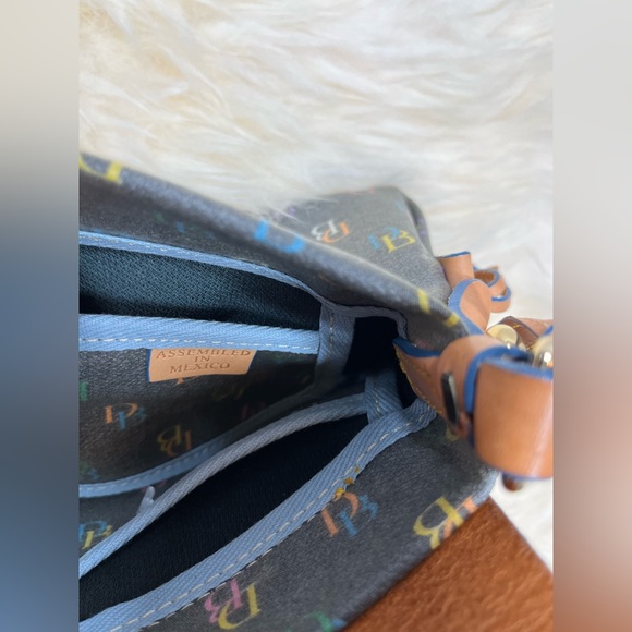 Dooney & Bourke “ Vintage It Bag” Leather Baguette Rainbow Monogram Blue Trim - Picture 11 of 17